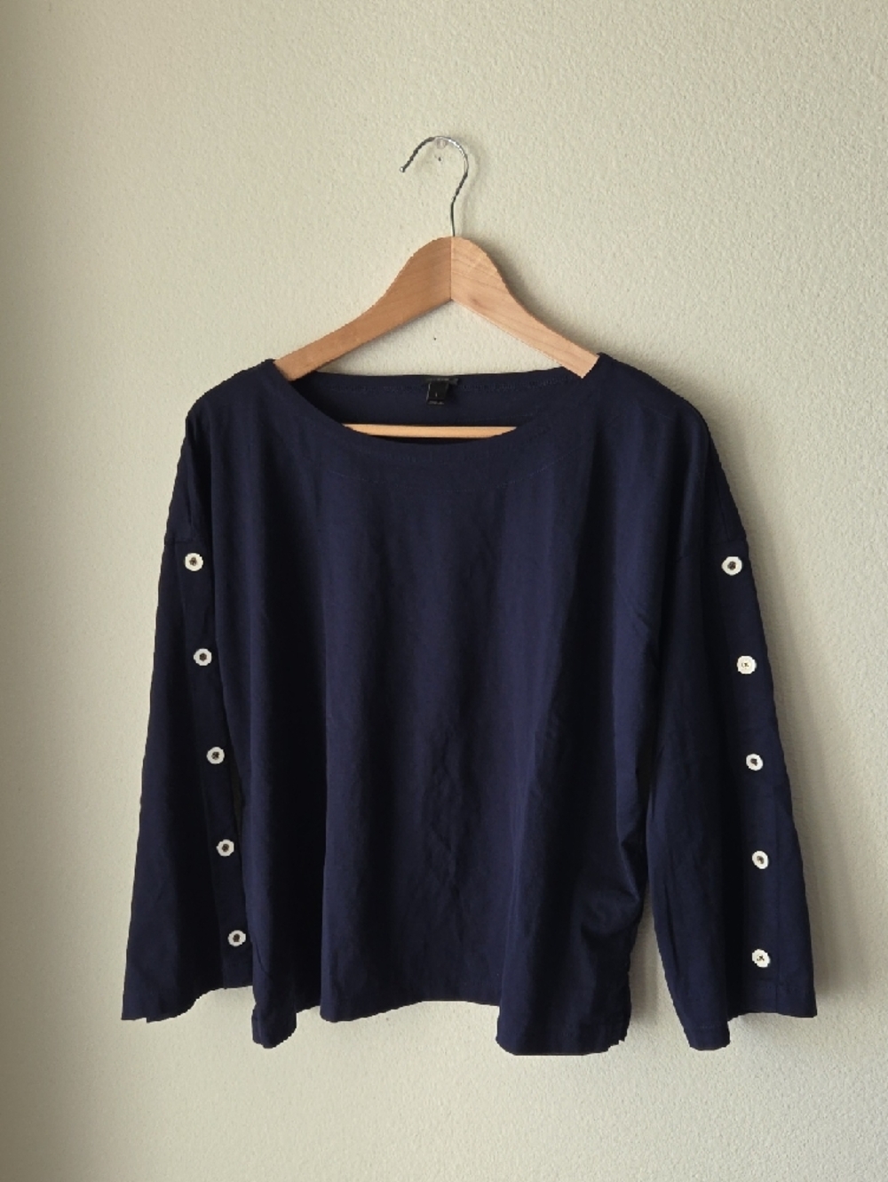 J. Crew Navy Long Sleeve Cotton Top Decorative Sleeve Buttons Sz L Nautical